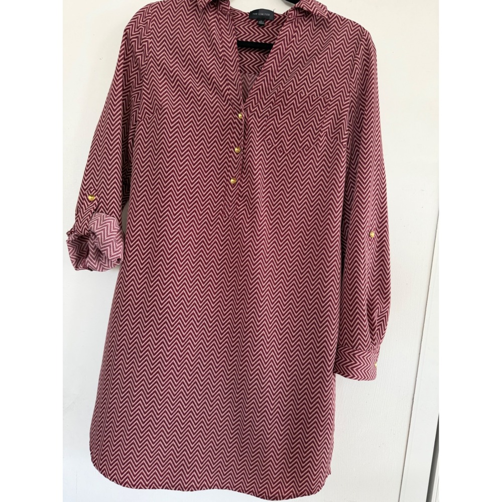 The Limited Burgundy Chevron Zigzag Roll Tab Sleeve Shift Dress Women Small